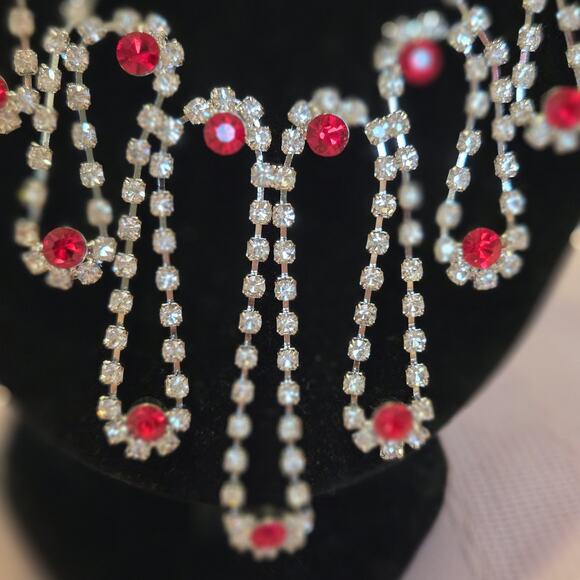 Red Glass Rhinestones Bib Drape Necklace And Earring Set Statement Party Luxury - Picture 5 of 12
